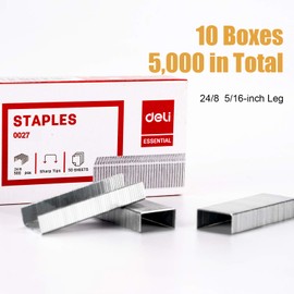 Deli 5,000 Staples, Fits Deli 40 and 60 Sheet Capacity Staplers, 5/16" Leg Length Staples of 50 Sheet Capacity, 24/8, Jam Free Sharp Chisel Point Design, 10 Boxes of 500 Staples