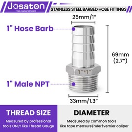 Barbed Hose Fittings, Josaton Stainless Steel 1" Hose Barb to 1" Male NPT Home Brew Fitting Water Fuel Air, Hose Barb Fittings Air Hose Repair Kit, Barbed Adapter with Hose Clamp, 10PCS