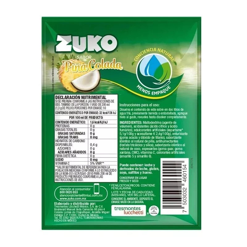 ZUKO MEXICANO SABOR PIÑA COLADA - 10 SOBRES 13g c/u