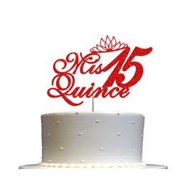 Mis Quince - Decoración para tartas con purpurina de quinceañera, 15 ideas de decoración para fiestas de cumpleaños, decoración de alta calidad, purpurina resistente de doble cara, palo acrílico. Fabricado en Estados Unidos (rojo)