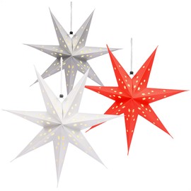 com-four® 3 x luminous star in 3D with LEDs, Christmas star with LED lighting and timer, premium paper star for hanging (03 x white/45 cm, 7 tips/stars)
