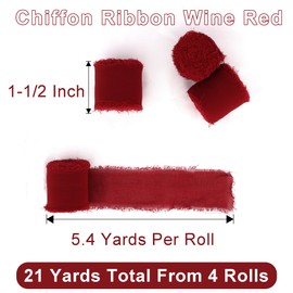 4 Rolls Chiffon Silk Ribbon Frayed Edge Chiffon Ribbon 1-1/2 Inch Wide 21 Yards Long Handmade Fringe Silk Chiffon Ribbon for Crafts Weddings and Home Decor Burgundy #93