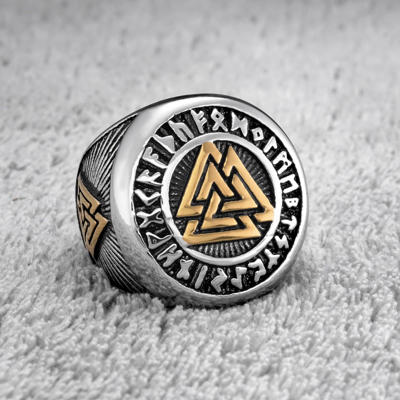 Gungneer 18K Gold Plated Viking Valknut Ring Rune Letter Circle