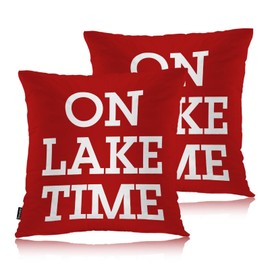 Swono Set of 2 On Lake Time Pillow Covers 18 X 18 Inch, Funny Lake Quote Square Decorative Throw Pillow Covers for Sofa Couch Bed,Outdoor Indoor Pillowcase Cushion Cover, Red White