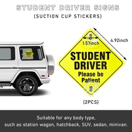 povtii 2PCS Student Driver Sign for Car Window, 5×5 Inch Please Be Patient Student Driver Warning Sticker, Removable New Driver Safety Sign Decal with Suction Cups, Car Accessories (Student Driver, Black)