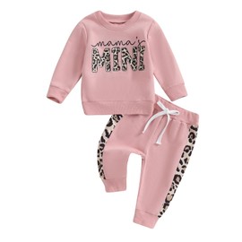 YILEEGOO Baby Girl Casual Fall Winter 2pcs Clothes Set Toddler Outfit Letters Graphic Long Sleeve Crewneck Sweatshirts + Joggers Pants Set (Pink, 18-24 Months)