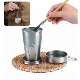 304 Stainless Steel Collapsible Paint Brush Washer- Portable Watercolor Water Cup with Keychain, Solvent Safe Metal Foldable Painting Cup for Travel, Plein Air, Oil & Acrylic Art Supplies (2)