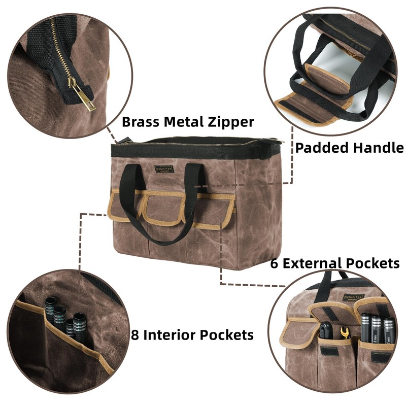 Tool Bag, Durable 16oz Waxed Canvas Wide Mouth Water-Resistant Electrician