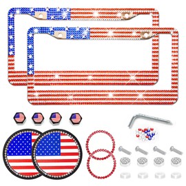 American Flag License Plate Frame 2 Pack Bling License Plate Holder Aluminum Metal USA Flag License Plate Cover Automotive Universal License Plate Protector Car Number Plate Frames Se