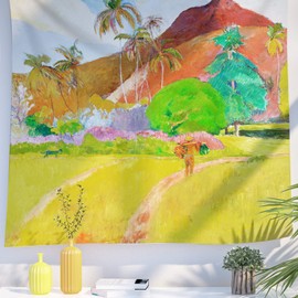 Berkin Arts Kunst Dekor Wandteppich mit Landschaft Design, Wandbehang Tapisserie, ästhetischer Kulisse Bunte Pflanzengebirgsphantasie für Wohnheim 130 x 150 cm (Paul Gauguin -Tahitianische Landschaft)