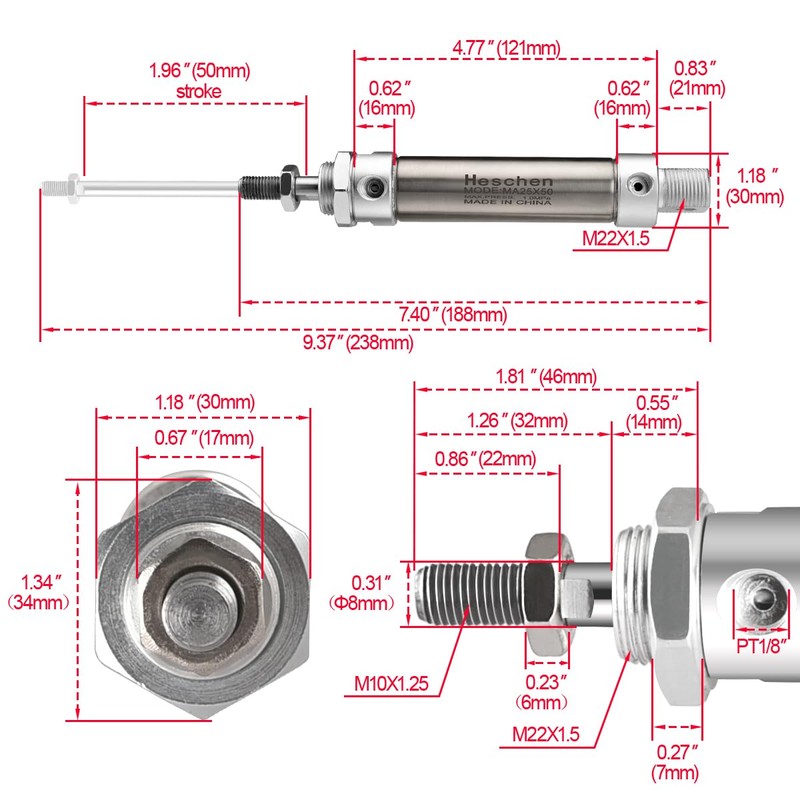 Heschen Stainless Steel Mini Pneumatic Air Cylinder MA 25×50 Bore