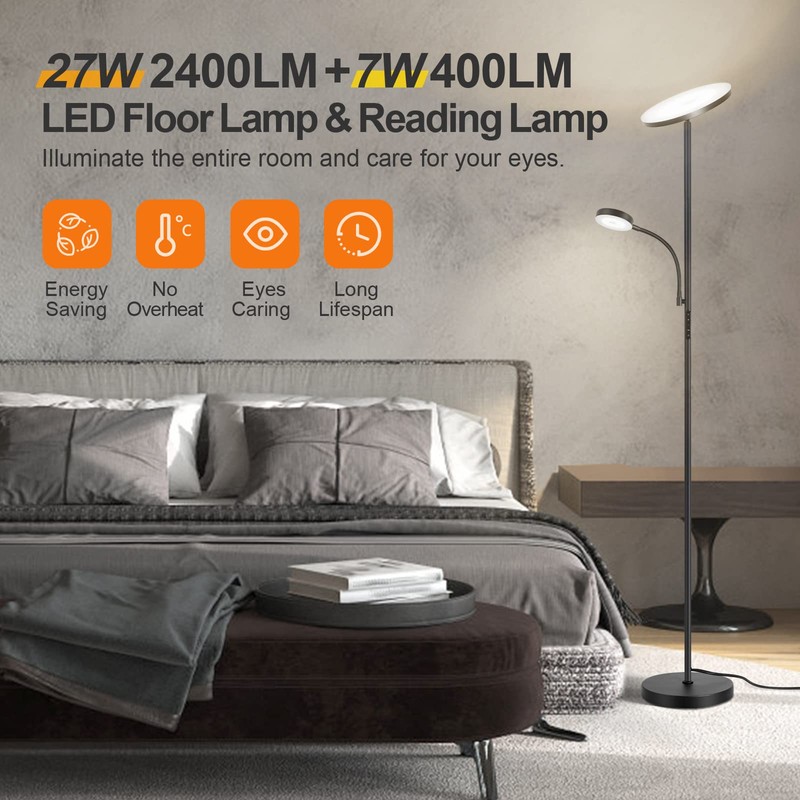 OUTON LED Floor Lamp, 27W/2400LM Modern Torchiere Lamp & 7W/