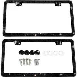 2 Pack Bling License Plate Frames for Women, Sparkly Rhinestone Diamond Car Accessories with Glitter Crystal Caps (Black)