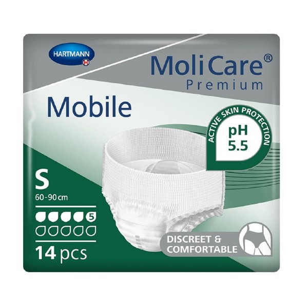 MoliCare Premium Mobile Disposable Briefs: Discreet Use for Incontinence for Women and Men, 5 Drops, Size S (60–90 cm Hip Circumference), 14 Pieces