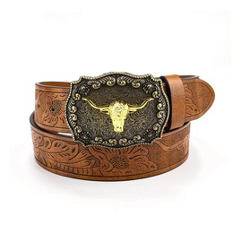 AIMALL Western Punk Style Men's Belt with Engraved Ngau Large Plate Buckle, Retro Social Youth Trend