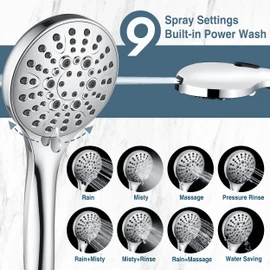 BRIGHT SHOWERS Rain Shower Head with Handheld Spray Built-in Power Wash, High Pressure Dual Shower Head with Height Adjustable Extension Arm, 3-Way Diverter, 9 Settings Handheld, 69” Long Hose, Chrome