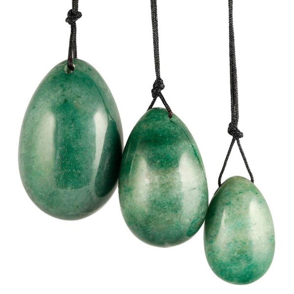 mookaitedecor Green Aventurine Yoni Eggs Set of 3, Predrilled with Unwaxed String, Massage Stones for Women to Strengthen Pelvic Floor Muscles with Velvet Pouch