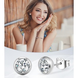 HAINBAG Cubic Zirconia Stud Earrings: 6.5mm/1ct Round Cut Simulated Diamond CZ Studs for Women Men 18K White Gold Plated Sterling Silver Earrings