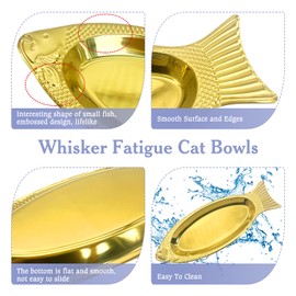 Apatal 2 Pcs Stainless Steel Shallow Cat Bowls,Fish Shaped Metal Cat Dishes for Indoor Cats 13.7 Inch Kitten Wet Feeding Bowls Whisker Fatigue Cat Plates for Kitten Puppy Small Ferrets Dog (Golden)
