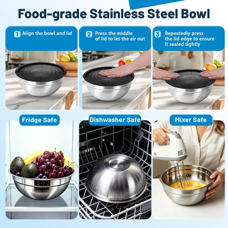 YJSLICT Stainless Steel Mixing Bowls with Lid and Colander Set