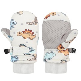 QKURT Kids Ski Mittens, Waterproof Winter Warm Snow Gloves, Cute Cartoon Dinosaur Gloves, Thick Fleece Lining Thermal Mittens Snowboard Skating Mittens with Anti-Slip Palm for Boys Girls Aged 2-8