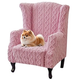 Ouxeer Wingback Chair Slipcover Stretch Spandex Wingback Chair Covers Jacquard Armchair Slipcover Sofa Furniture Protector Couch with Elastic Bottom for Living Room Bedroom(Pink)