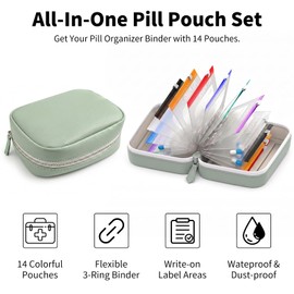 Waterproof Pill Organizer Set, 7-Day AM/PM Weekly Medication Case with 14 Pouches (7 Distinct Colors), Travel Waterproof Pill Pouch, BPA-Free Compact Zippered Storage Binder for Travel, Daily (Green)