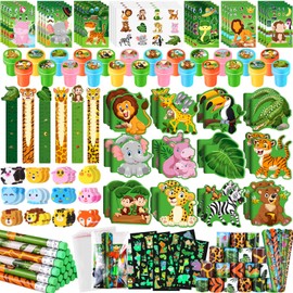 BenLouis 120Pcs Jungle Safari Party Favors Zoo Animals Sticker Stampers Slap Bracelets School Stationery Set Bulk Classroom Prizes for Kids Wild One Party Baby Shower Goodie Bags Fillers
