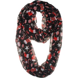 VIVIAN & VINCENT Holiday Gift Wrapped Fall Winter Soft Lightweight Sheer Infinity Christmas Scarf for Women Black Candy Cane and Santa Boots