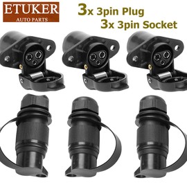 ETUKER 3 x Trailer Plug 3-Pin 3 x Trailer Socket Flat Three-Pole Plug Socket 12 V Tractor 3-Pin