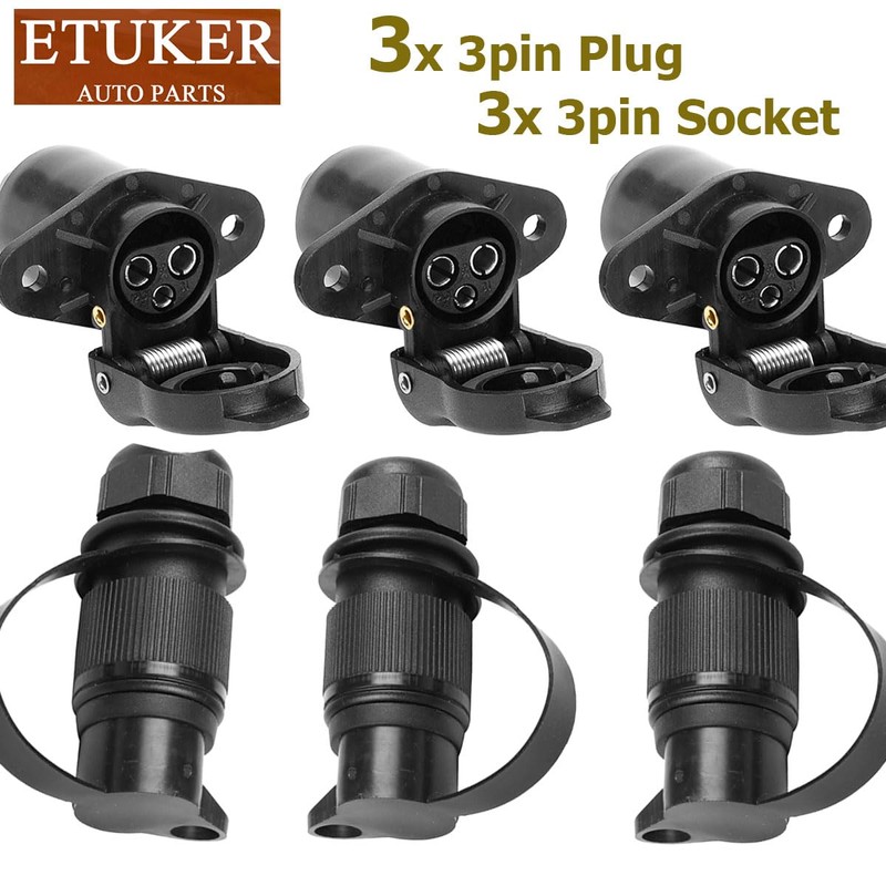 ETUKER 3 x Trailer Plug 3-Pin 3 x Trailer Socket