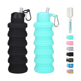 LIZADIN Collapsible water bottles 2 Pack with brush,BPA Free Travel Silicone Water Bottle with Carabiner,Reusable Foldable Portable Lightweight Sports bottles for Gym Camping Hiking (Black+Aqua blue)