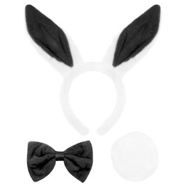 Adults Bunny Set - Pack of 48 - White Rabbit Ears + Black Bowtie + Rabbit Tail - Plush Bunny Wonderland Easter Fancy Dress Costume Accessory Set