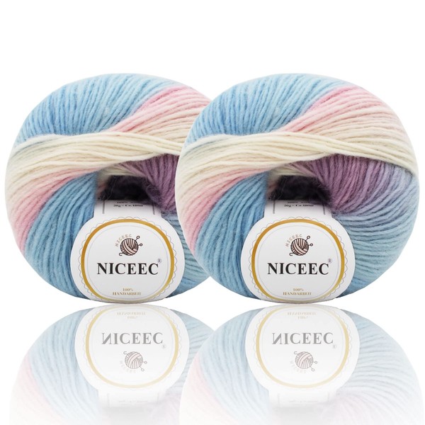 NICEEC 2 Skeins Rainbow Soft Yarn 100% Wool Gradient Multi