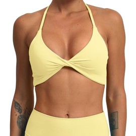 ABOCIW Sports Bras for Women Twist Front Padded Yoga Bra Low Medium Support Gym Bra Workout Crop Tank Tops 1 Lemon Yellow Medium