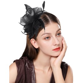 ELLYDOOR Fascinator Hair Clip Brooch Mesh Feather Floral Derby Pillbox Hat Bridal Wedding Tea Party Headpiece 09-Black
