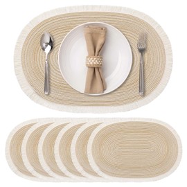 FAVE Boho Oval Woven Placemats Set of 6, Washable Table Mats with Tassels