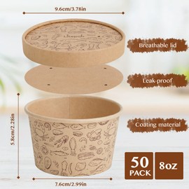 LITOPAK 50 Pack 8oz Paper Containers with Vented Lids, Kraft Paper Food Cups, Soup Containers Cups With Lids，Disposable Soup Bowls For Hot Soup For Storing Food Or Carrying Out.