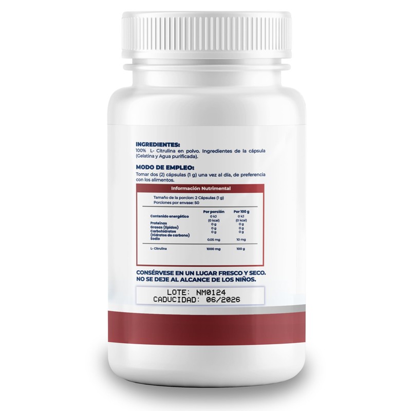 L- Citrulina 100 cápsulas - 1000mg por porción- Ingredientes Naturales