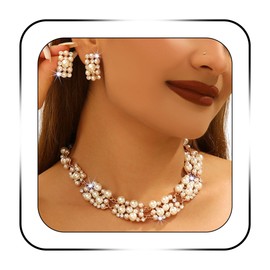 SAWINDA Gold Pearl Rhinestone Jewelry Set Pearl Cluster Choker Necklace Earrings Set Sparkly Chunky Statement Necklace Sets Prom Wedding Bridal Formal Costume Jewelry Accessories for Bride Women