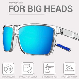 MAXJULI Polarized Big Sunglasses for Men Women with Big Heads UV 400 Protection (fit XL size) Clear/Ice Blue