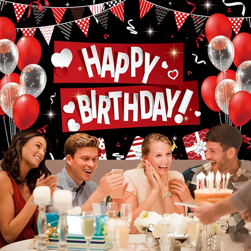 PIMXL Happy Birthday Banner - Red Black Birthday Banner, Happy