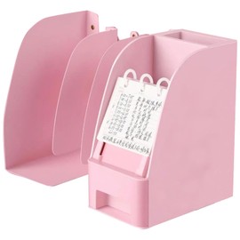 Adjustable Bookends with Drawer, Anti-Slip Design Expandable Book Ends with 4 Compartments for Desk, Office(Pink, 23.23 inches Max)