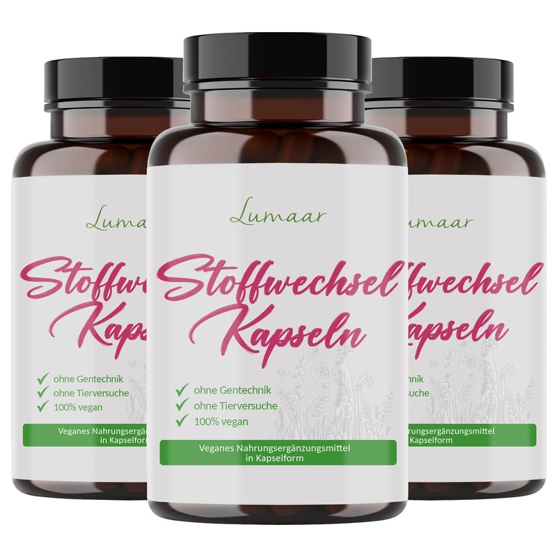 Stoffwechsel Kapseln mit Chlorella, Bakterienkulturen, Beta-Glucane und Eichhasefruchtkörper-Extrakt im Glasbehälter