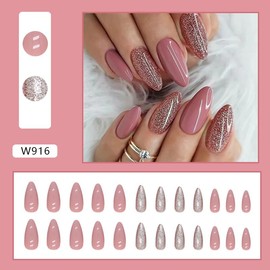 24Pcs Press on Nails Medium Almond,French Tip Fake Nails Medium with Pink Glitter Designs Full Cover Glossy Glue on Nails Thick Acrylic False Nails Medium Almond Cute Stick on Nails for Women Girls W916