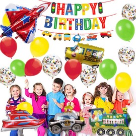 MAKFORT Geburtstagsdeko Junge Kindergeburtstag deko Birthday Decorations Kinder Geburtstag Folien Luftballon Flugzeug Zug Polizeiwagen Schulbus Yacht Ballons Happy Birthday Banner Geburtstag Deko