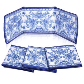 4 Pack Blue Chinoiserie Print Mahjong Card Holder 6.2 x 5.2 Inches Large Print Size Fabric Plastic Clear Large Scorecard Cover Mahjong Sleeve Case Mah Jong Gifts Accessory