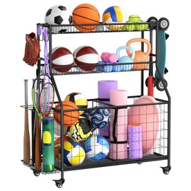 WUC Sports Equipment Organizer - Garage Ball Storage Rack with Basket, Hooks and Rolling Cart for Toy Sports Gear Storage, Black