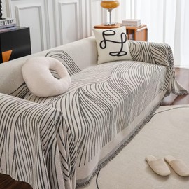 VClife Boho Couch Cover Soft Thick Chenille Sofa Slipcover Beige Gray Stripe Sofa Cover Futon Protector for Loveseat Non Slip Durable Couch Cover for 2 Cushion Couch Sofa Furniture Cover 71"x 118"