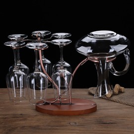 2-in-1 Red Wine Glass Rack & Wine Decanter Vintage Bronze 6 Wine Glasses Stemware Storage Display Drying Rack Stand Tabletop Free-standing Wine Glass Holder Solid Wooe Base